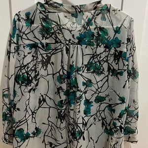 Loft sheer button up blouse with tie neck and 3/4 sleeves